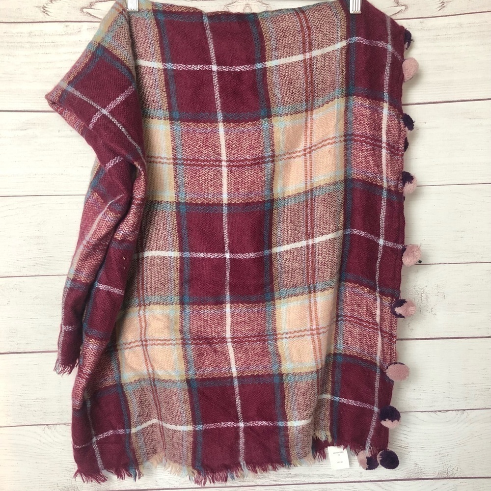 Francesca’s Pom Pom Red Plaid Blanket Scarf‎
